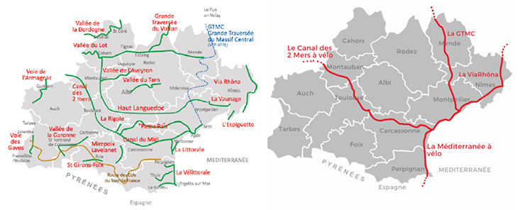mobilité en Occitanie : carte des véloroutes