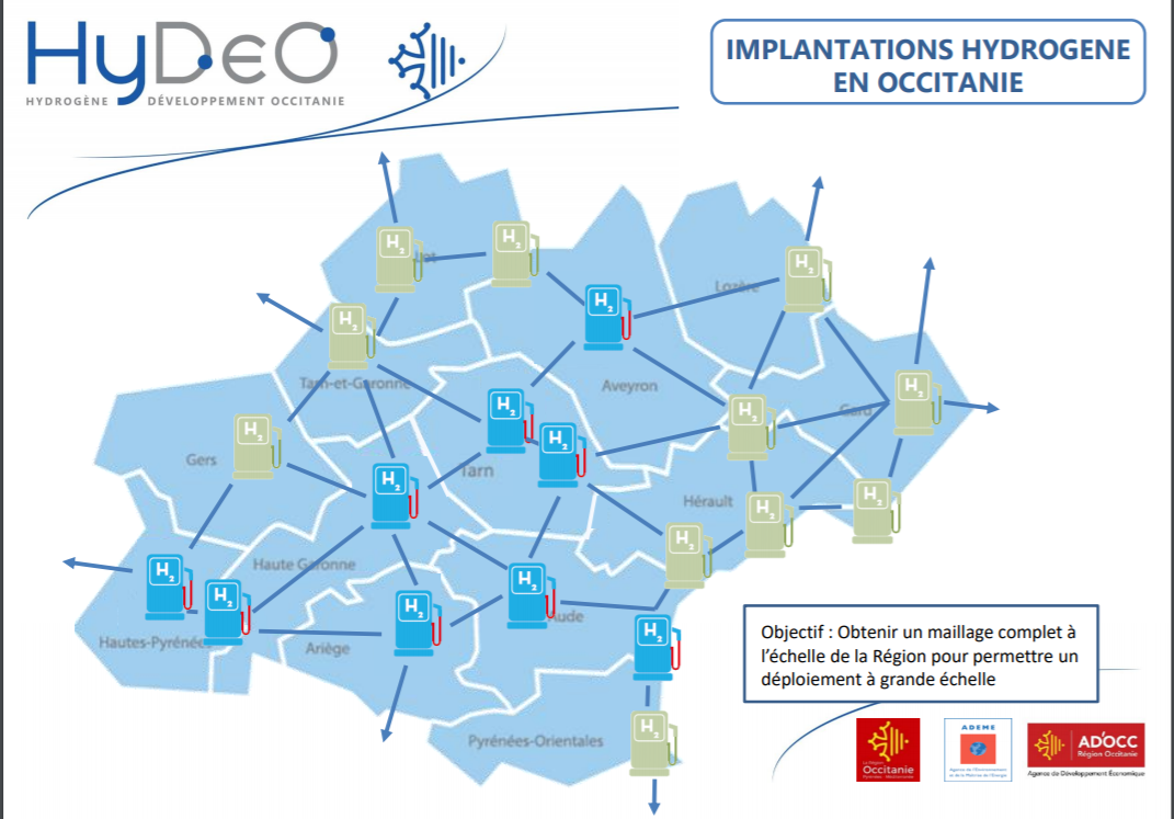 Schéma de déploiement des stations hydrogènes à venir en Occitanie