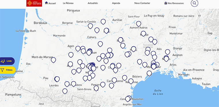 carte des tiers lieux en région Occitanie