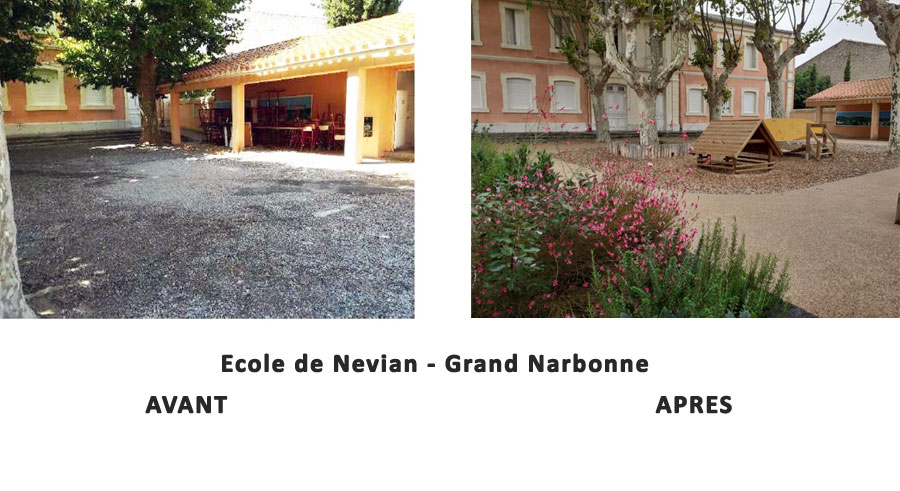 Grand Narbonne végétalisation Ecole Nevian Avant Apres