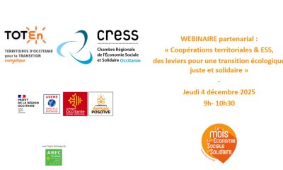 A vos inscriptions : Webinaire partenarial du Réseau TOTEn & de la CRESS « Coopérations territoriales & ESS, des leviers pour une transition écologique juste et solidaire » du jeudi 4 décembre 2025, de 9h à 10h30
